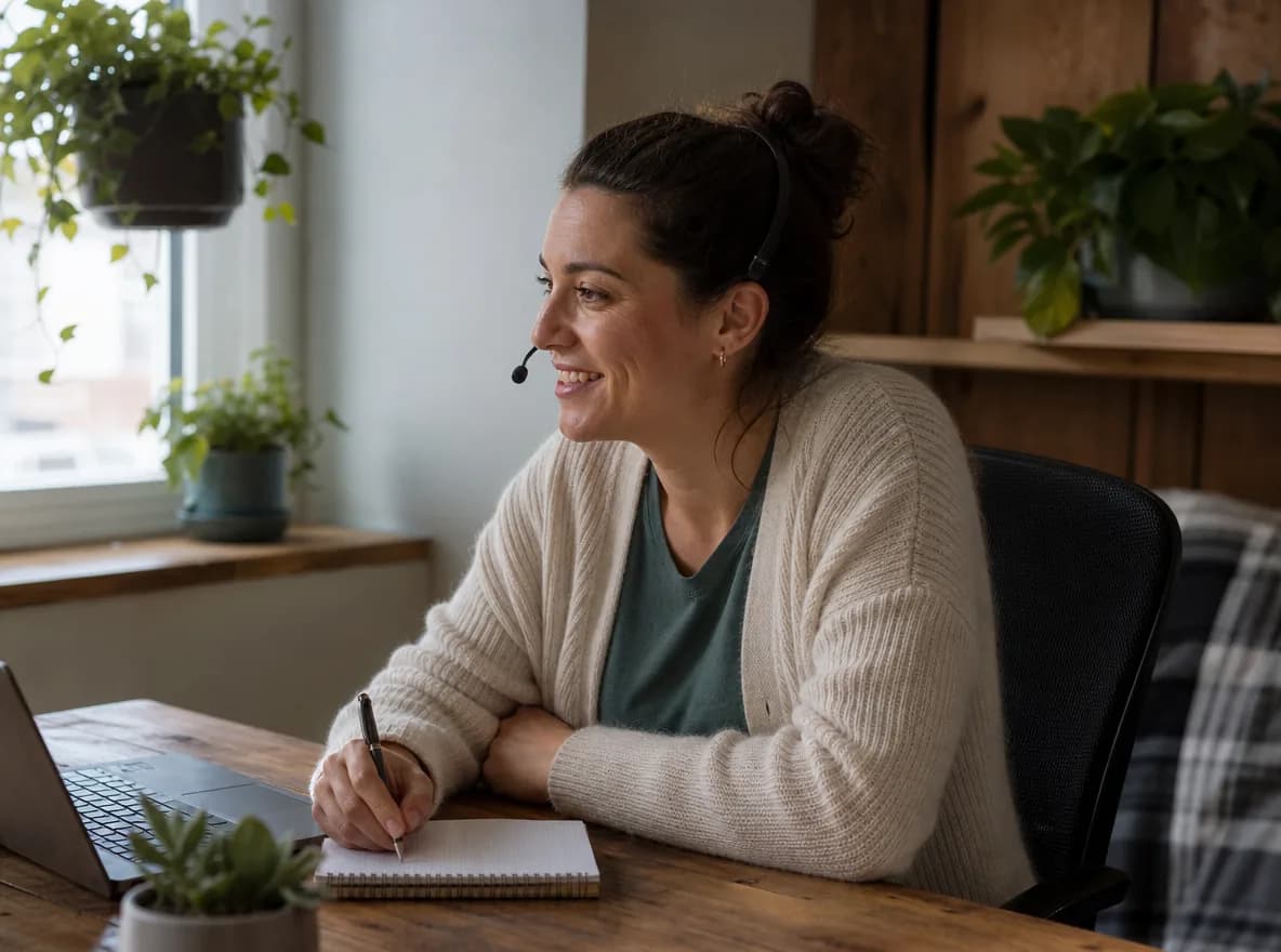 Une conseillère NovaCash au téléphone avec un client, à son bureau.