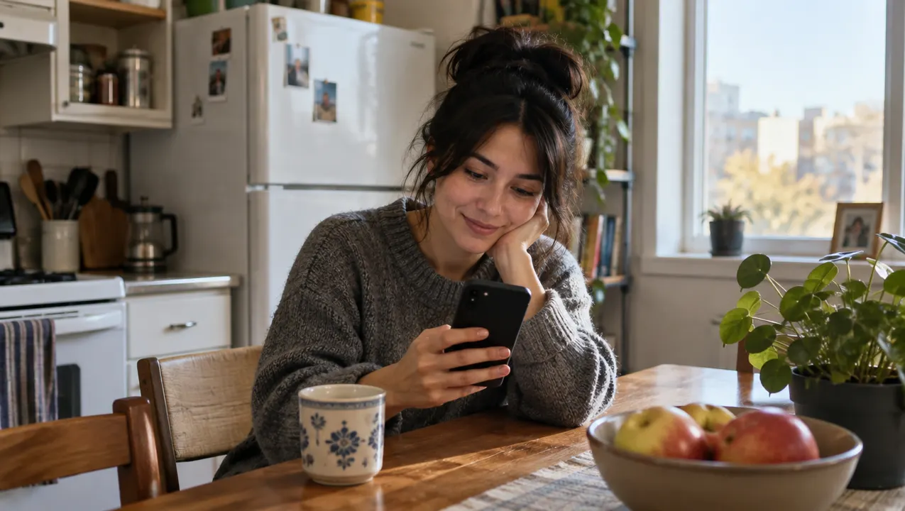 Person checking a phone after an Interac e-Transfer at a kitchen table